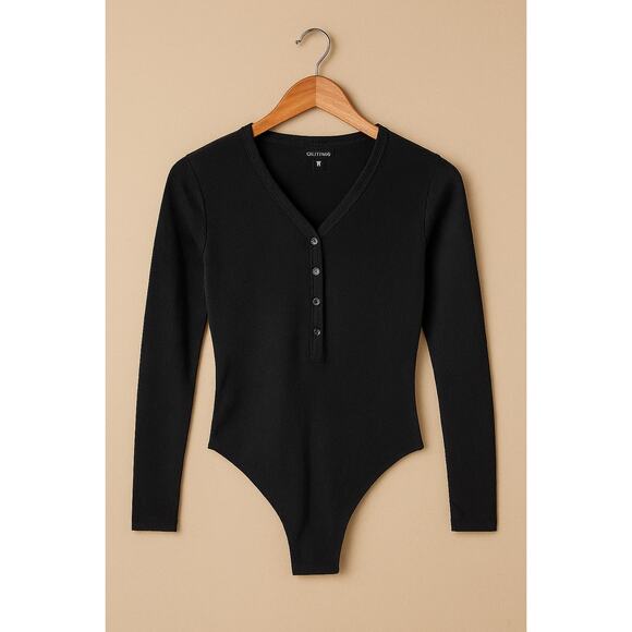 DKNY Black Ribbed Henley Long-Sleeve Bodysuit Button Front Size Medium - Picture 1 of 8